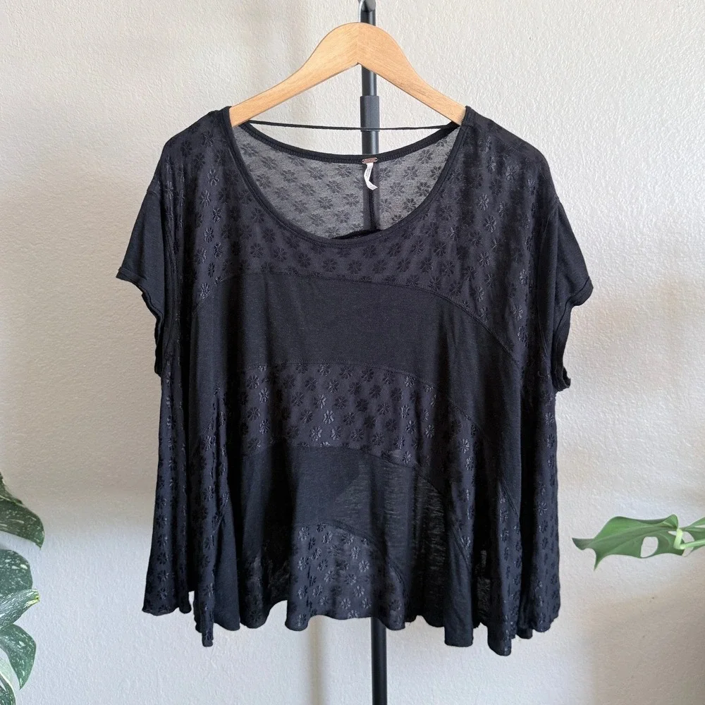 Free People Womens Black Embroidered Sheer Lace Inset Short Sleeve Top Medium